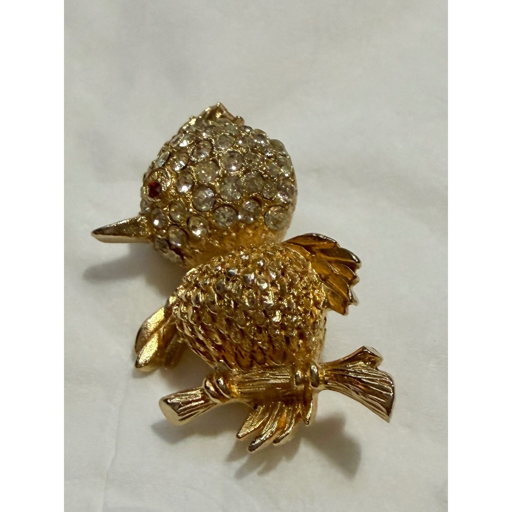 Vintage Signed S A Samson Gold Tone Brooch Rhinestone Pavé Chick on Branch Pin